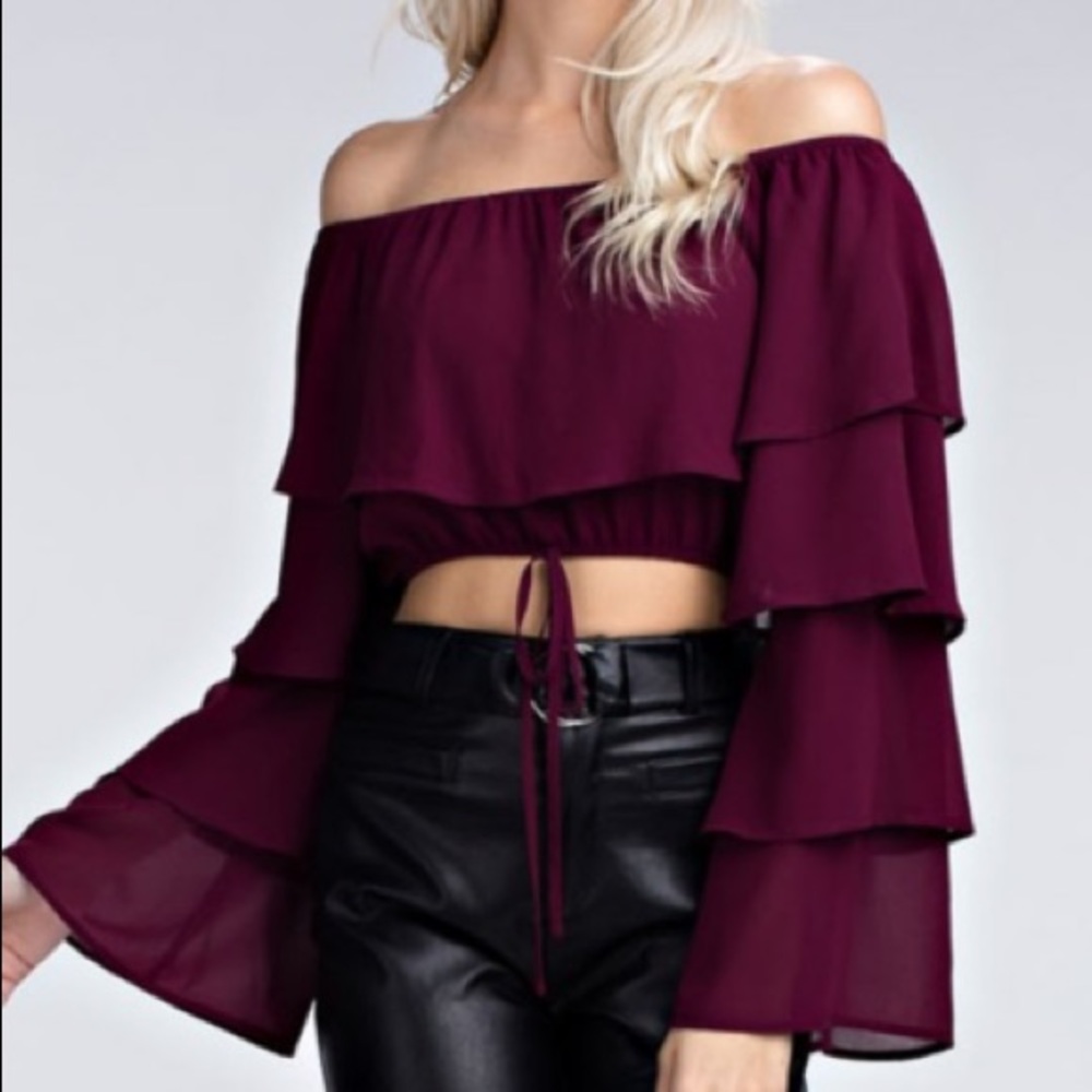 Wine colored off shoulder ruffle sleeve crop top